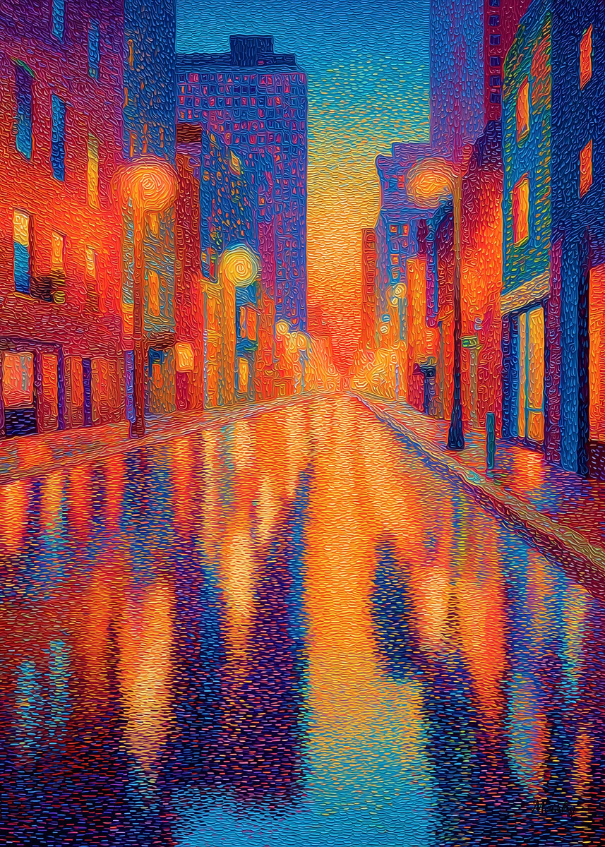 Pointillism Raining 'Rainy City Street Pointillism Night Lights Art' Poster, picture, metal ...