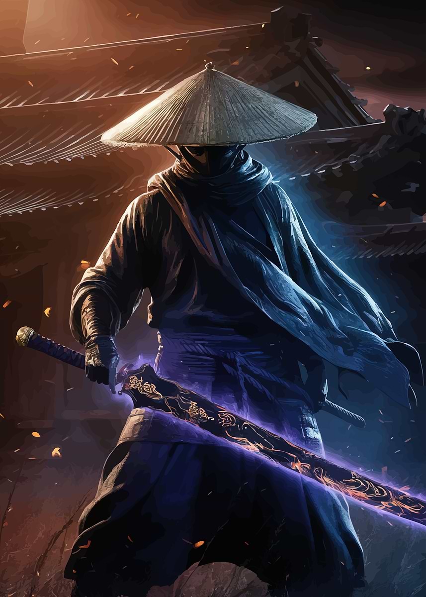 Ninja with glowing sword' Poster, picture, metal print, paint by