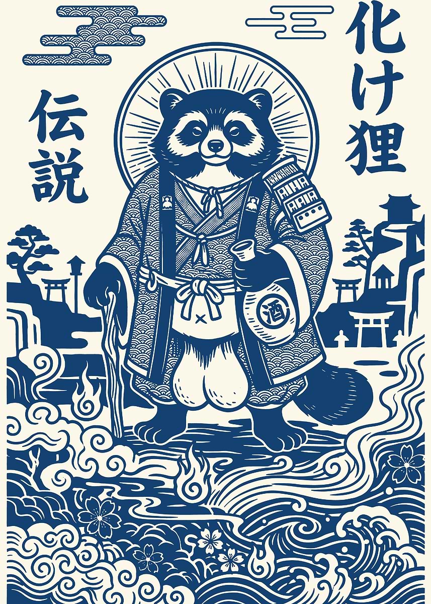 Tanuki Legend with Sake' Poster, picture, metal print, paint by