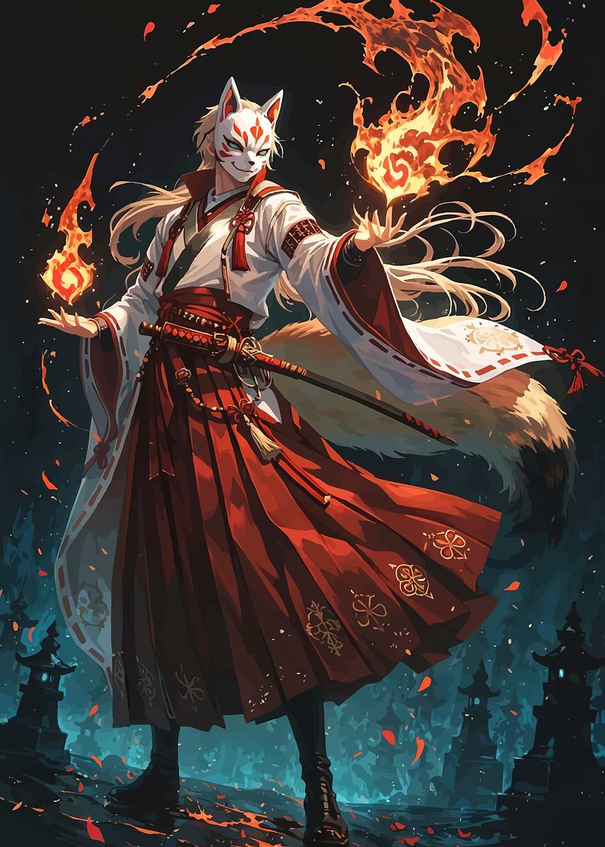 Kitsune Mage with Fire Magic' Poster, picture, metal print, paint
