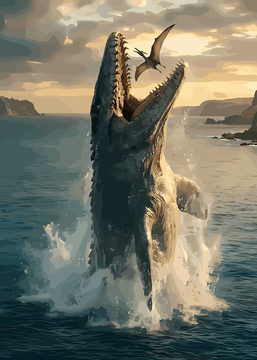 Mosasaurus attacks Pterosaur' Poster, picture, metal print, paint
