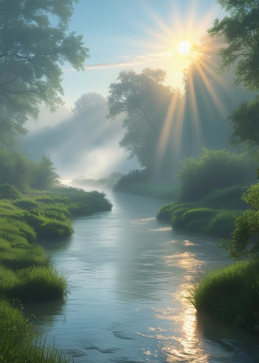 Dpicture 'Misty River at Sunrise' Poster, picture, metal print, paint by ...