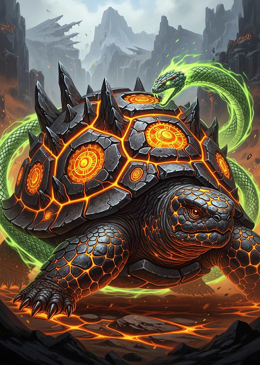 Serpent Turtle 'Fiery Turtle and Serpent Guardian' Poster, picture, metal print, paint ...