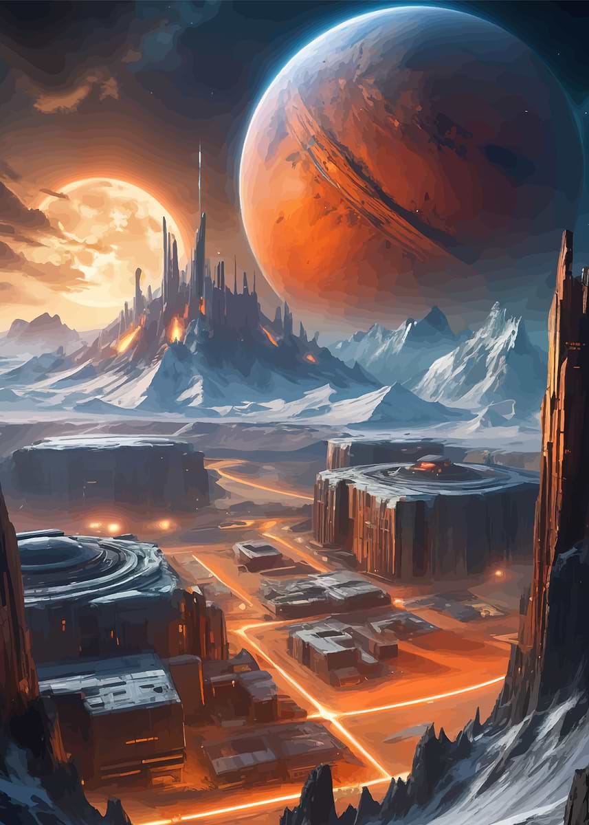 'Alien Cityscape with Planets' Poster, picture, metal print, paint by ...
