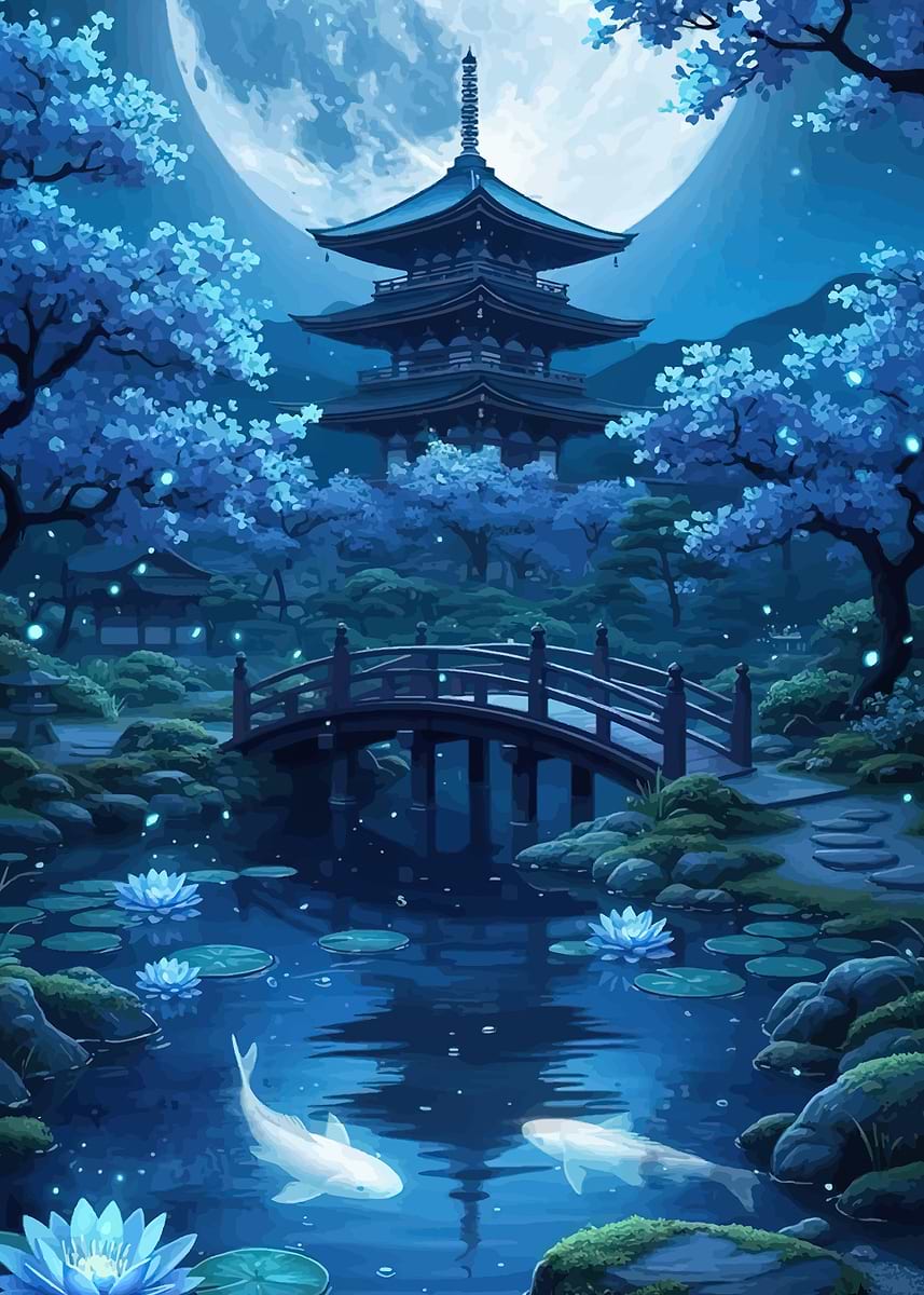 Enchanting Japanese Garden at Night' Poster, picture, metal print