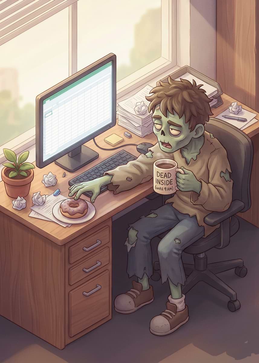 Zombie at Desk with Coffee and Donut' Poster, picture, metal print