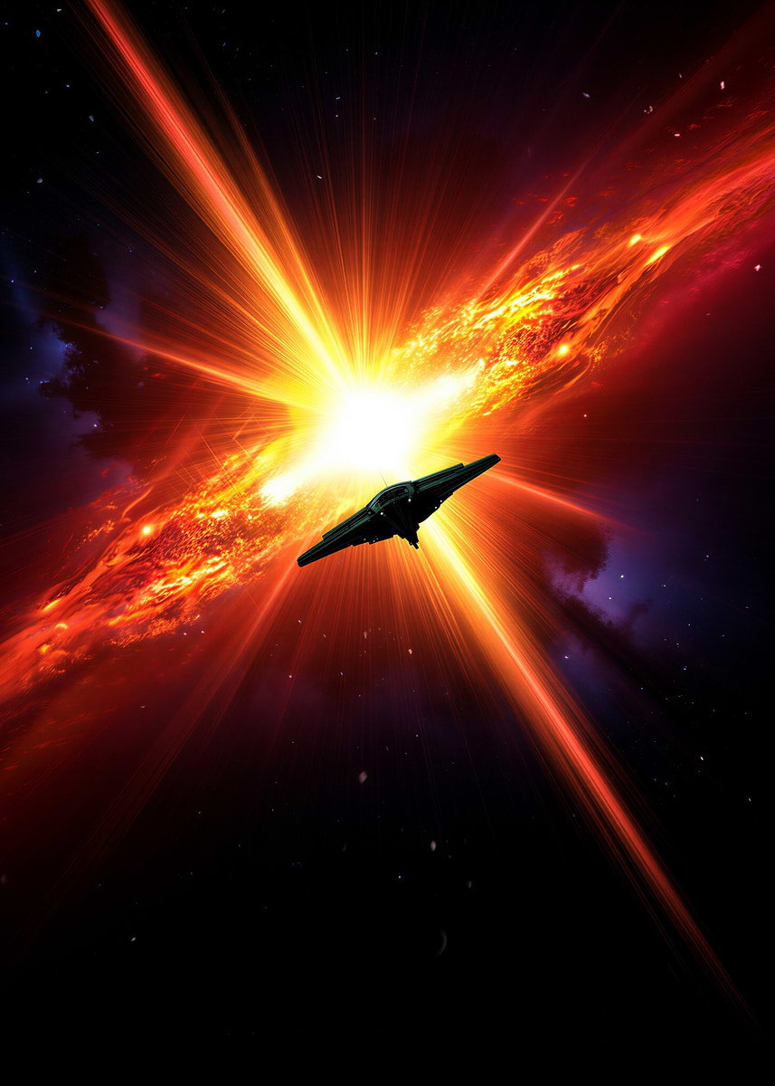 'Spaceship Approaching Cosmic Explosion' Poster, picture, metal print ...
