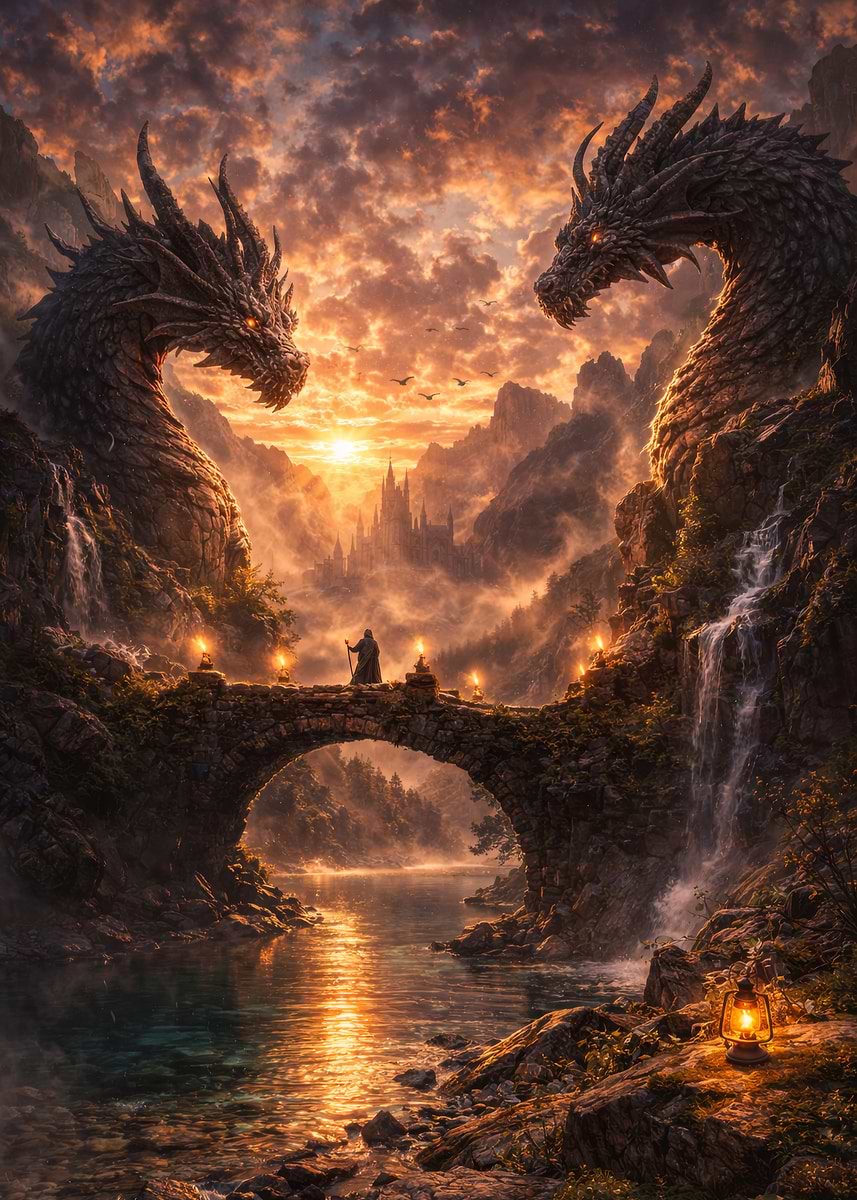 Epic Dragon Bridge Fantasy Landscape' Poster, picture, metal print