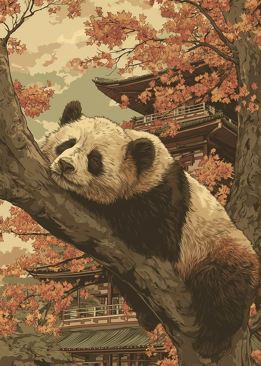 Panda Sleeping in a Tree Pagoda Japan' Poster, picture, metal
