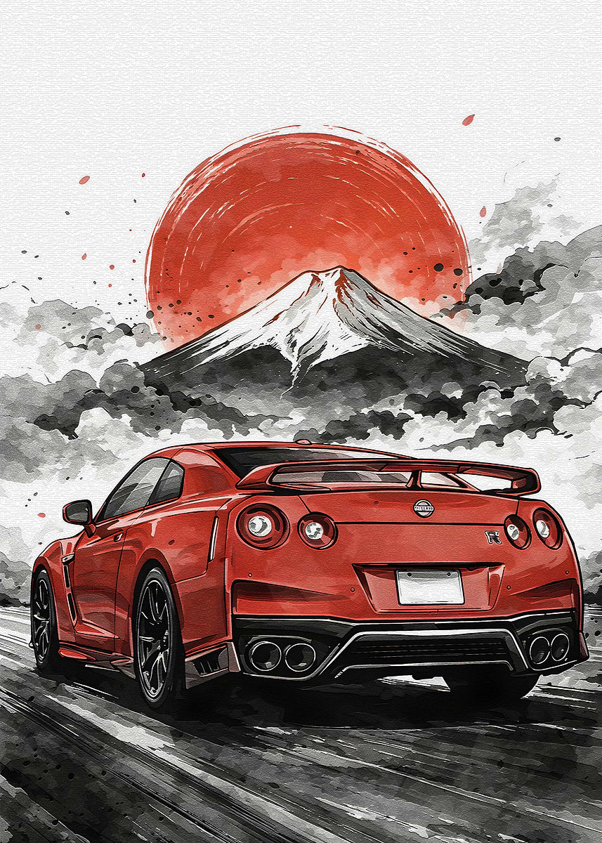 Red Nissan GT-R with Mount Fuji' Poster, picture, metal print