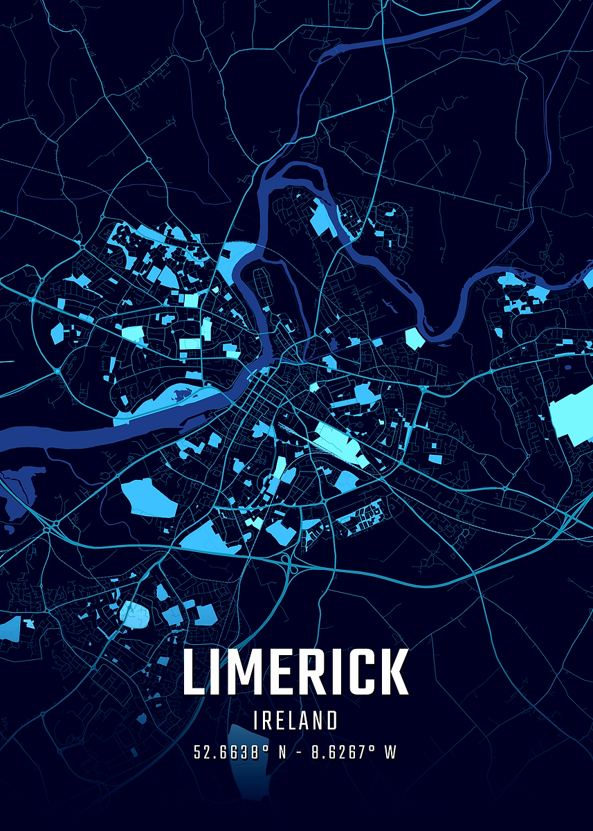 'Limerick Ireland Midnight City Map' Poster, picture, metal print ...