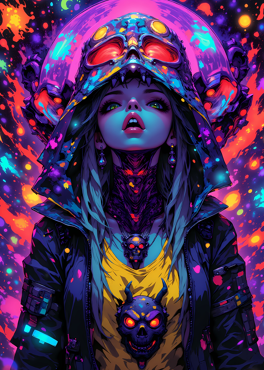 Cyberpunk Skull Girl with Neon Background' Poster, picture, metal