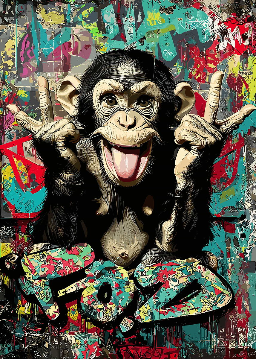 Graffiti Monkey Making Peace Signs' Poster, picture, metal print