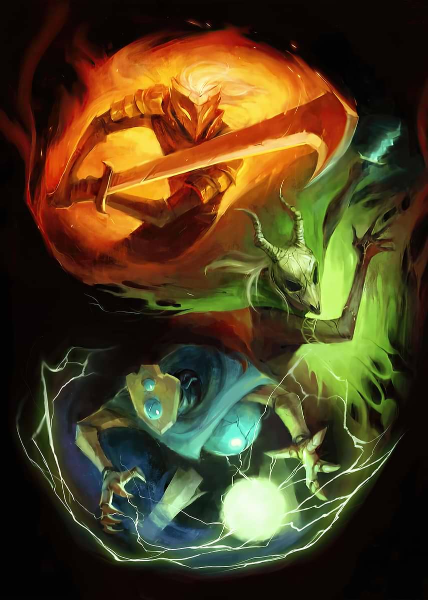 'Fantasy Characters in Elemental Combat' Poster, picture, metal print ...