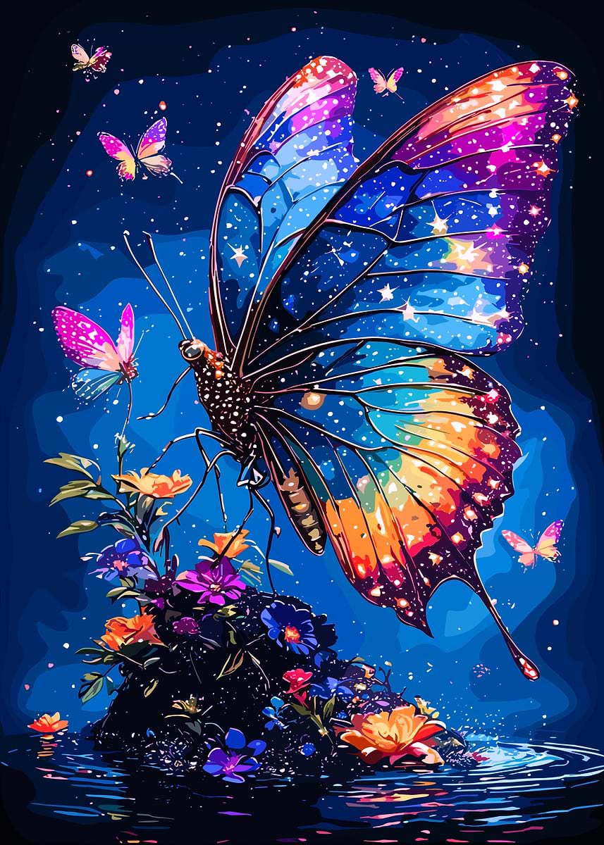 Cosmic Butterfly and Flowers' Poster, picture, metal print, paint