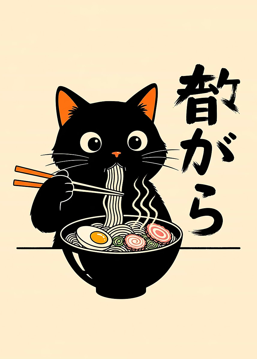 'Funny Black Cat Ramen Japanese Wall Art Cute Cat Lover Anime Decor ...