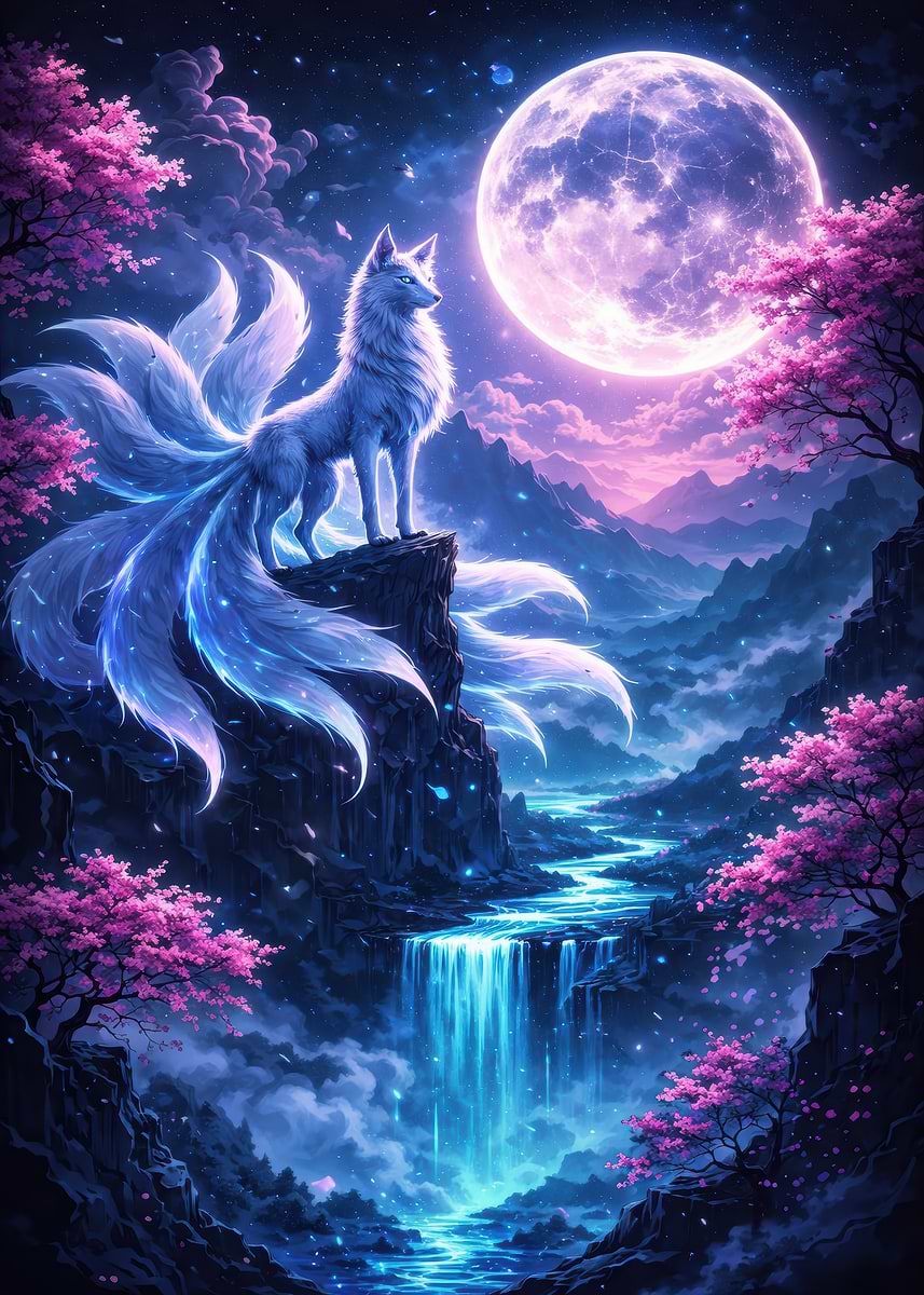 'Magical Fox Under a Full Moon' Poster, picture, metal print, paint by ...