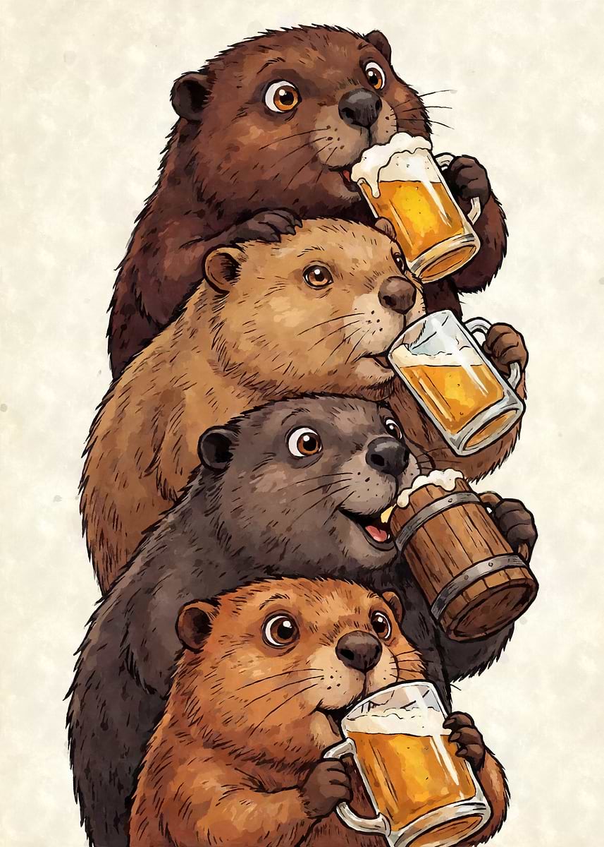 'Stacked Beavers Drinking Beer' Poster, picture, metal print, paint by ...