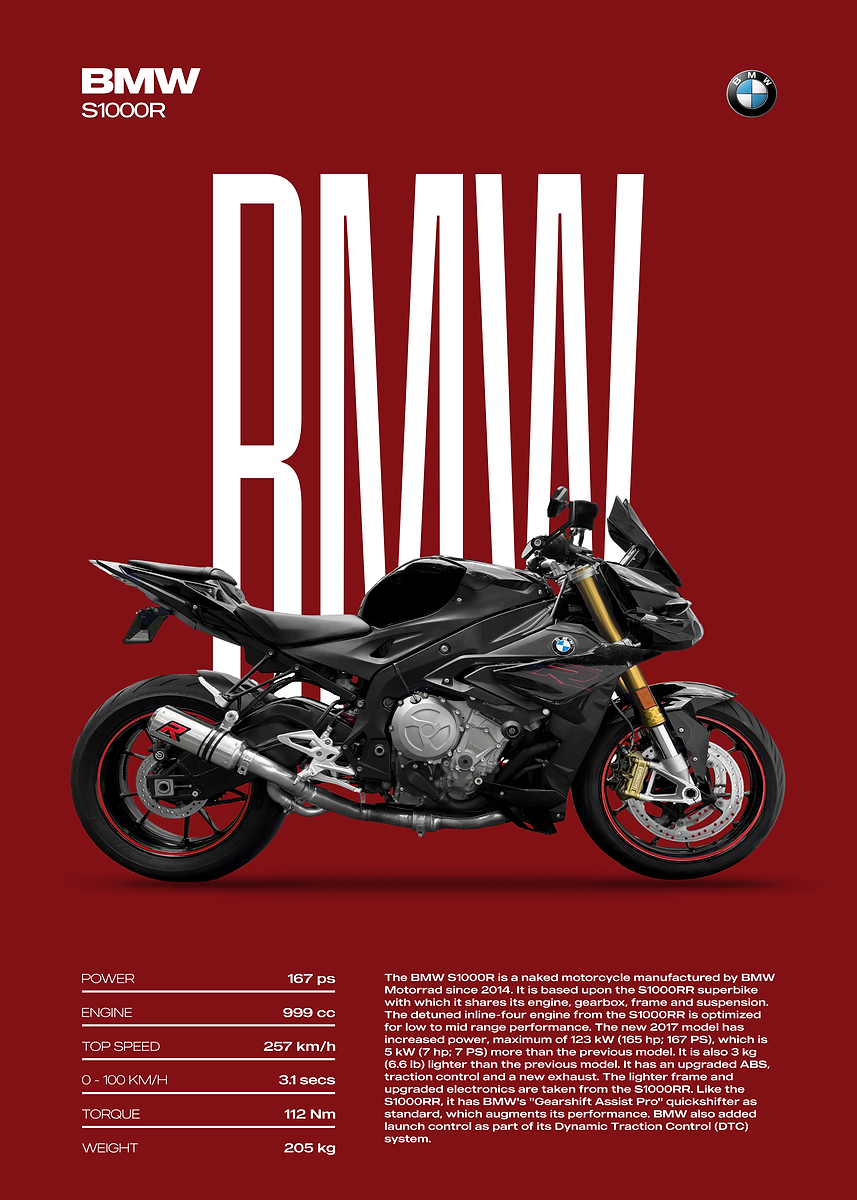 'BMW S1000R Motorcycle Poster' Poster, picture, metal print, paint by ...