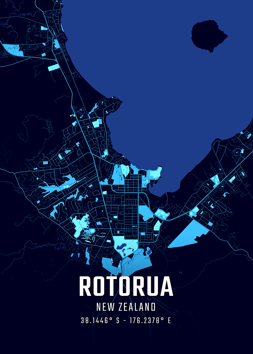 Printable Rotorua Maps 'Rotorua Midnight City Map' Poster, picture, metal print, paint by ...