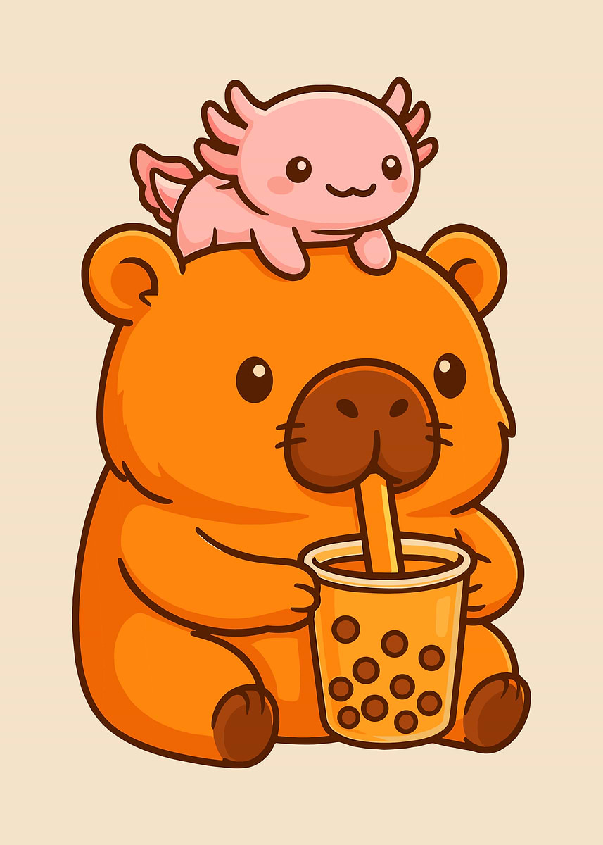 Cute capybara Boba Tea Poster, Kawaii Axolotl Art Print, Adorable