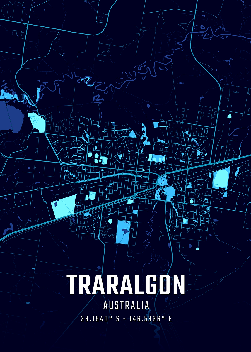 'Traralgon Midnight City Map' Poster, picture, metal print, paint by ...