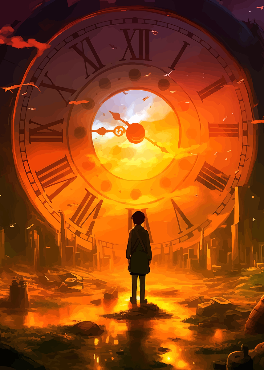 Anime character facing giant clock' Poster, picture, metal print