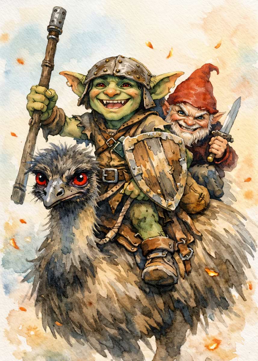 'Goblin and Gnome Riding an Emu' Poster, picture, metal print, paint by ...