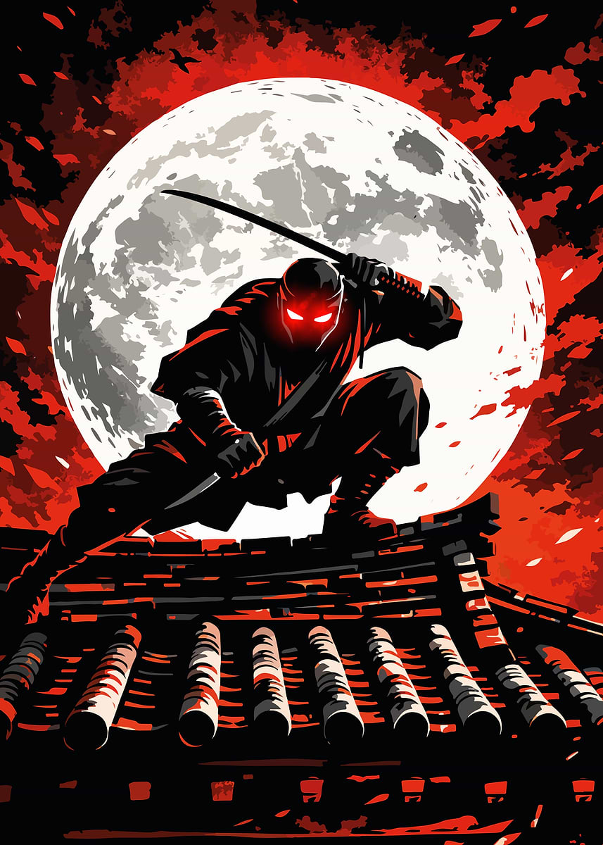 Ninja on Rooftop Under Moon' Poster, picture, metal print, paint