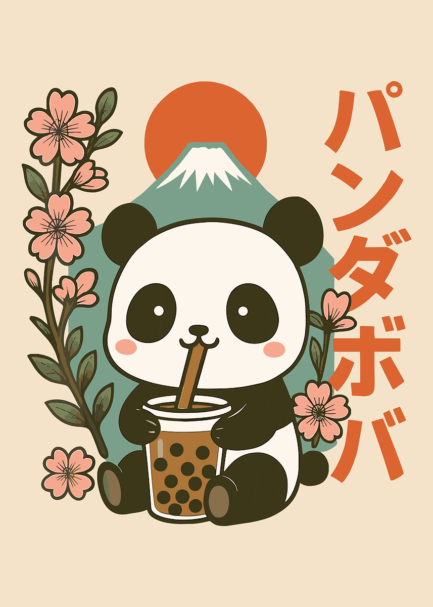 'Cute Panda Bubble Tea Poster, Japanese Fuji Sunset Art, Kawaii Animal ...