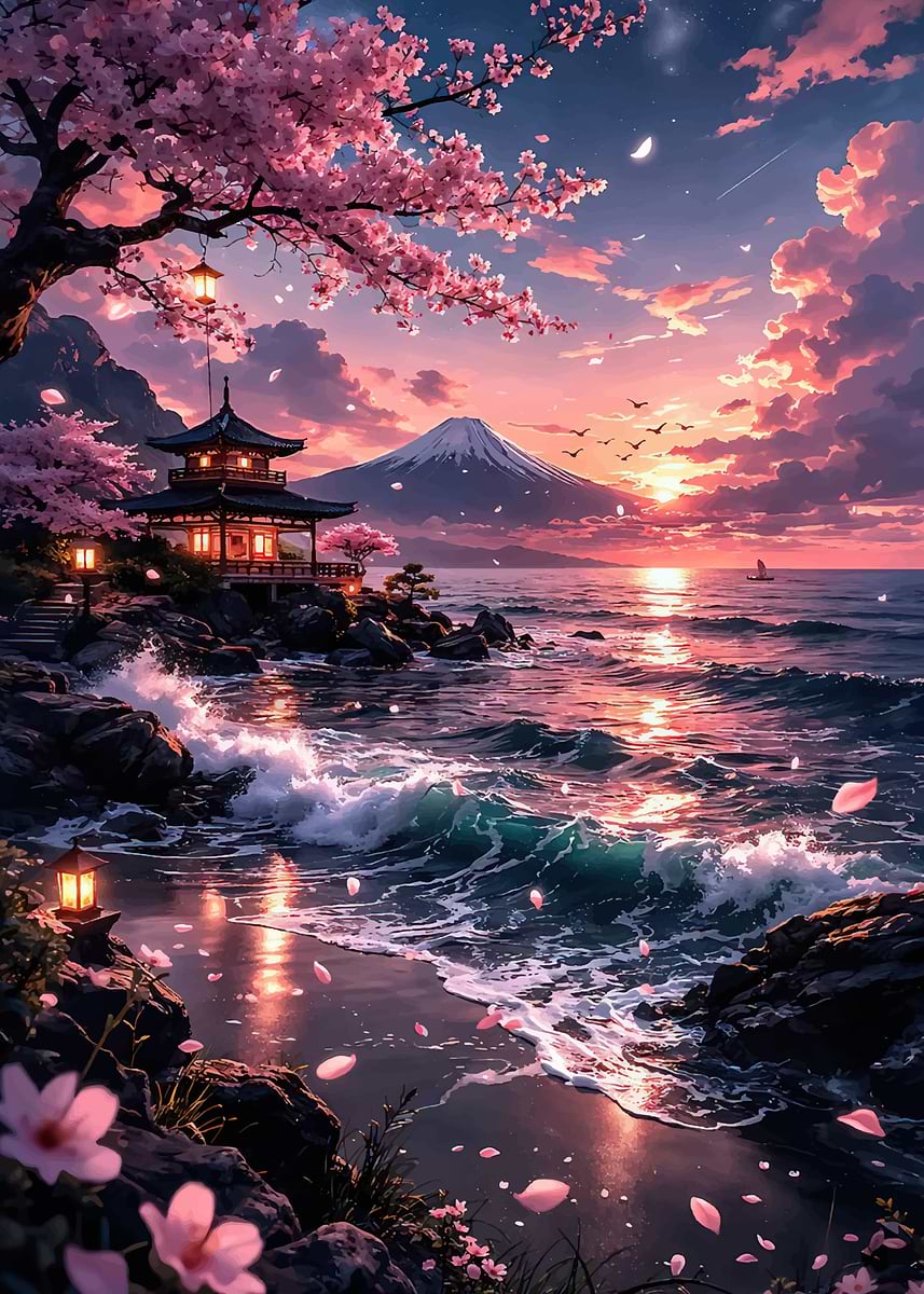 Serene Japanese Sunset Landscape' Poster, picture, metal print