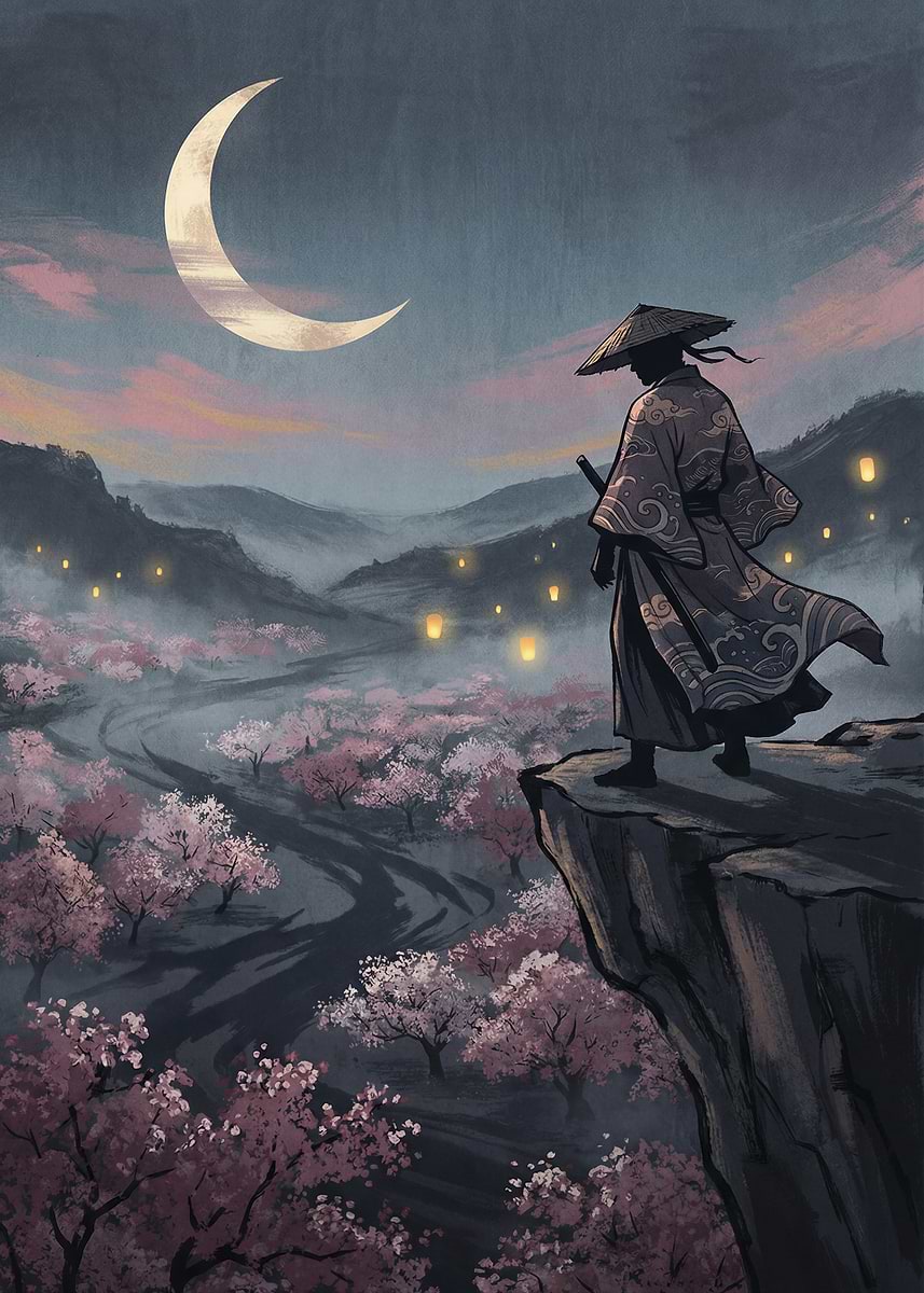 CHERRY BLOSSOMS Ichiro Tsuruta タペストリー Samurai Overlooking Cherry Blossoms' Poster, picture, metal print