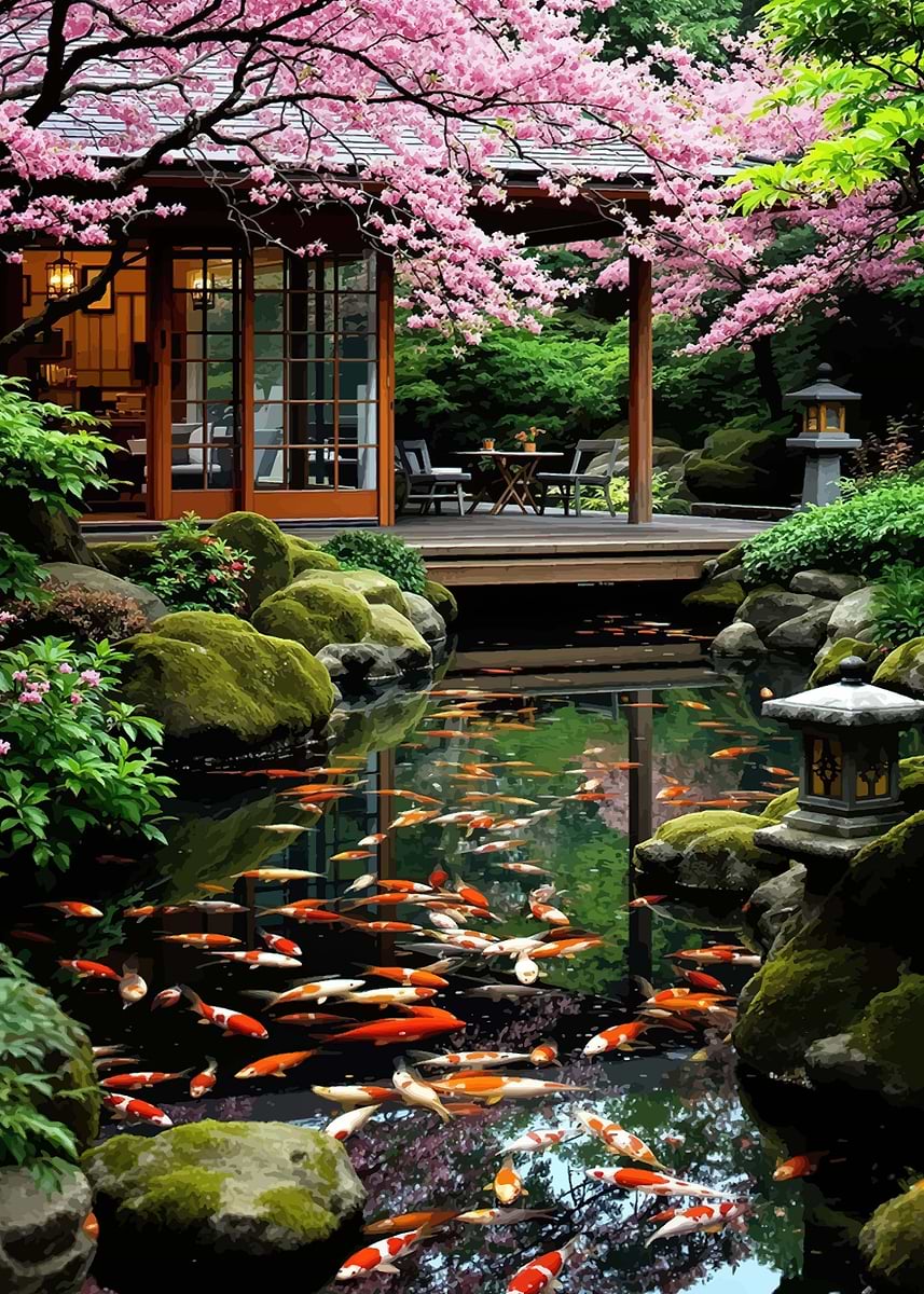Serene Japanese Garden with Koi Pond' Poster, picture, metal print