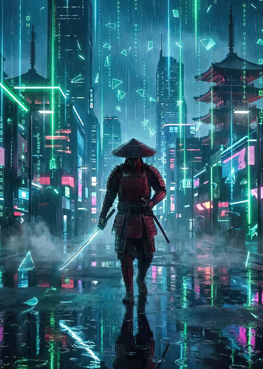 'Cyberpunk Samurai in Neon City' Poster, picture, metal print, paint by ...