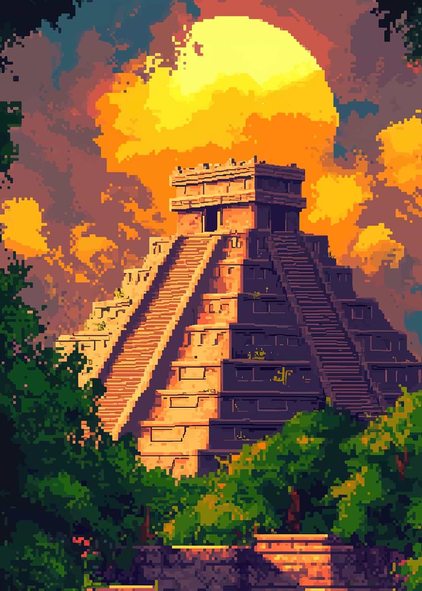 'Pixel Art Mayan Pyramid at Sunset' Poster, picture, metal print, paint ...