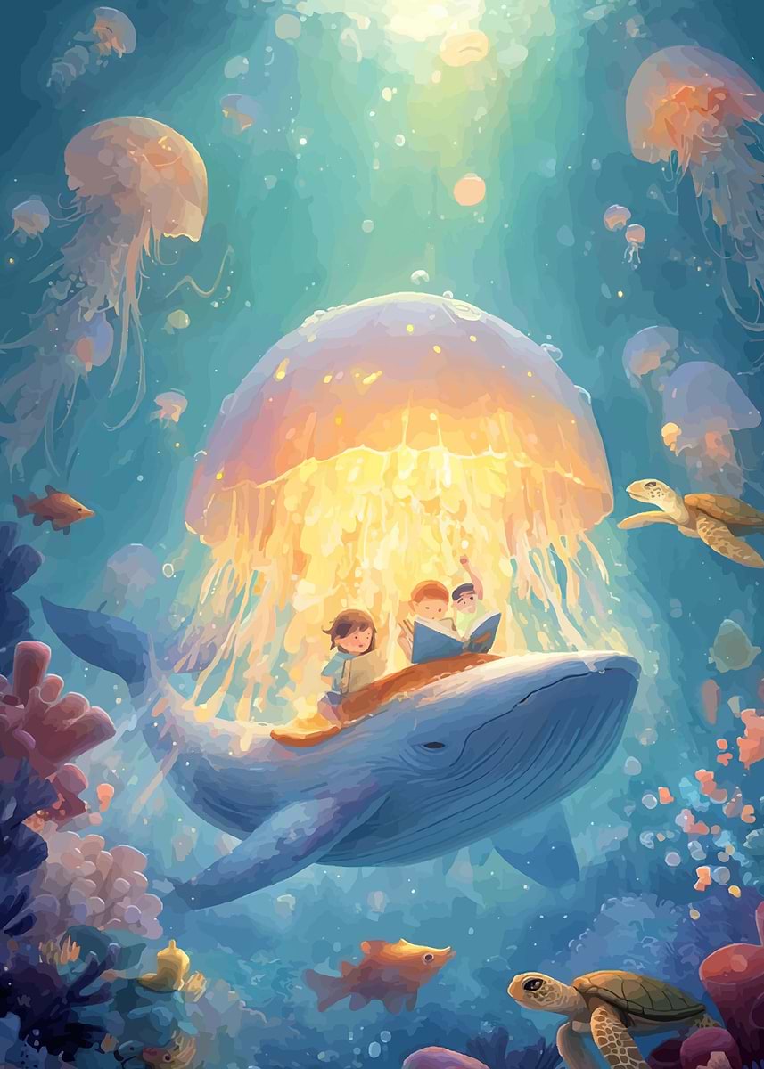 'Children Reading on a Whale Under a Jellyfish' Poster, picture, metal ...