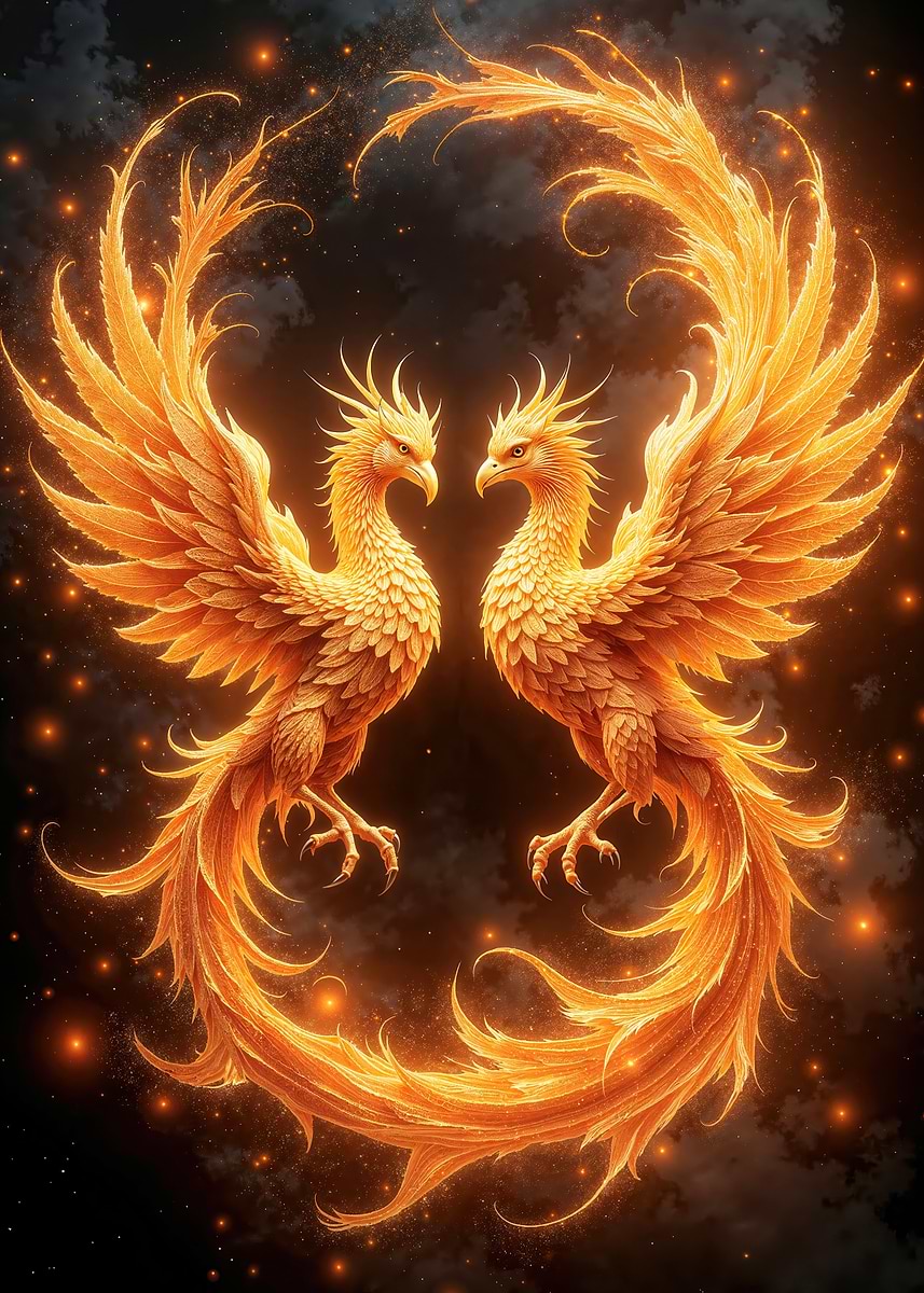 'Two Fiery Phoenixes in Cosmic Background' Poster, picture, metal print ...
