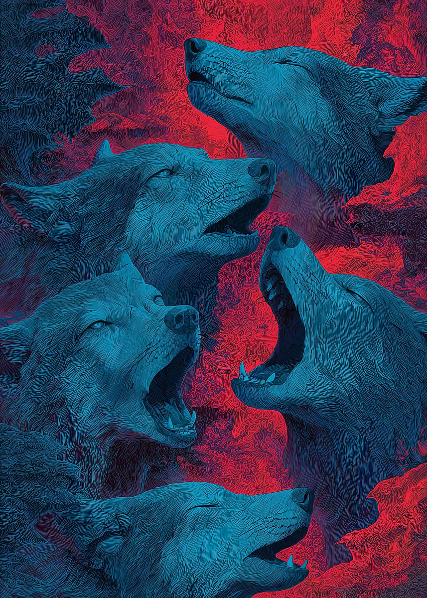 'Howling Wolves in Blue and Red' Poster, picture, metal print, paint by ...