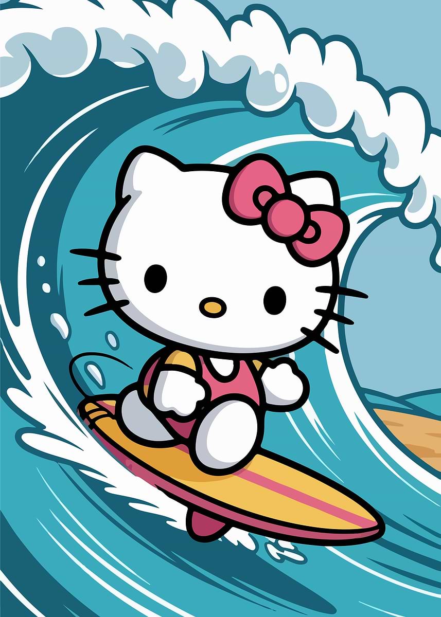 Hello Kitty Surfing a Wave' Poster, picture, metal print, paint by