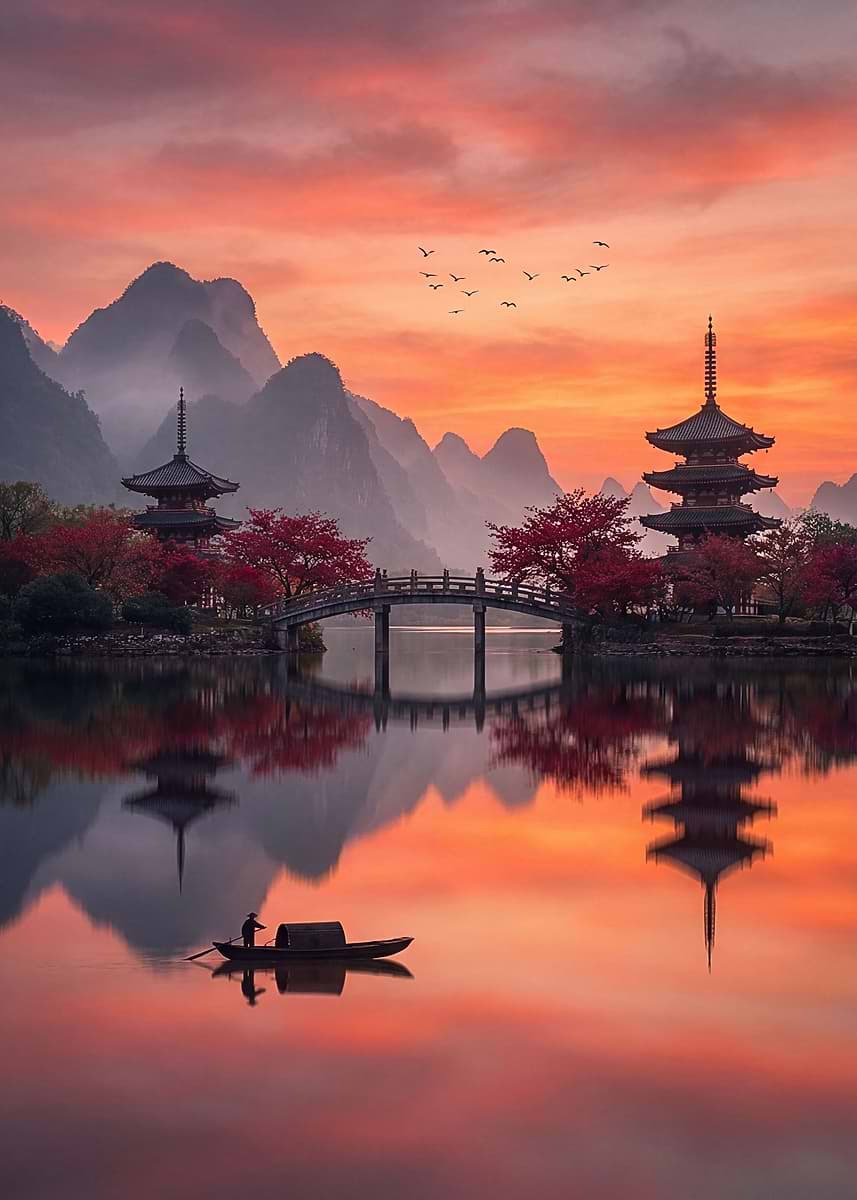 Serene Japanese Pagoda at Sunset' Poster, picture, metal print