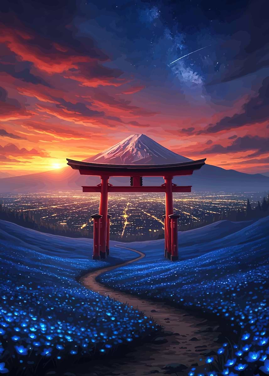 Torii Gate Over Blue Flowers with Mount Fuji' Poster, picture