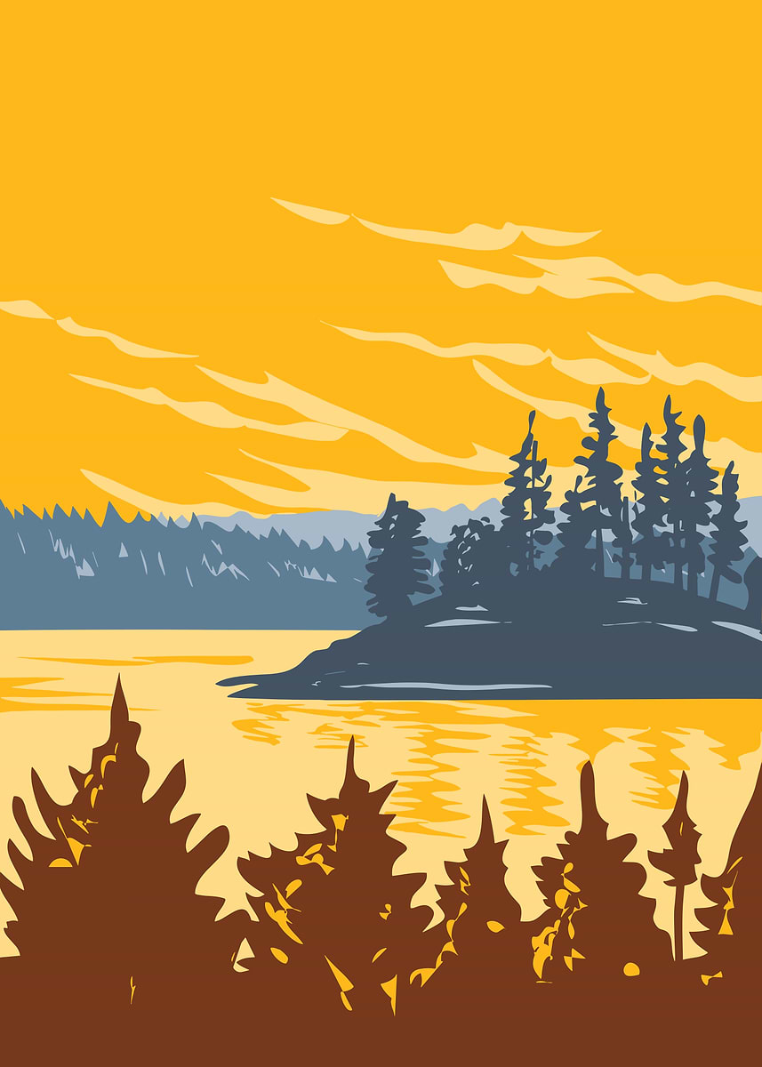 'Sunset over a serene lake with pine trees' Poster, picture, metal ...