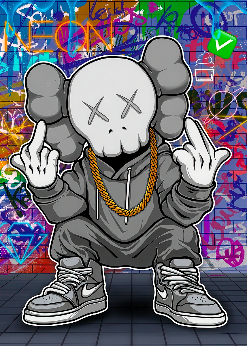 KAWS Companion with Middle Fingers' Poster, picture, metal print