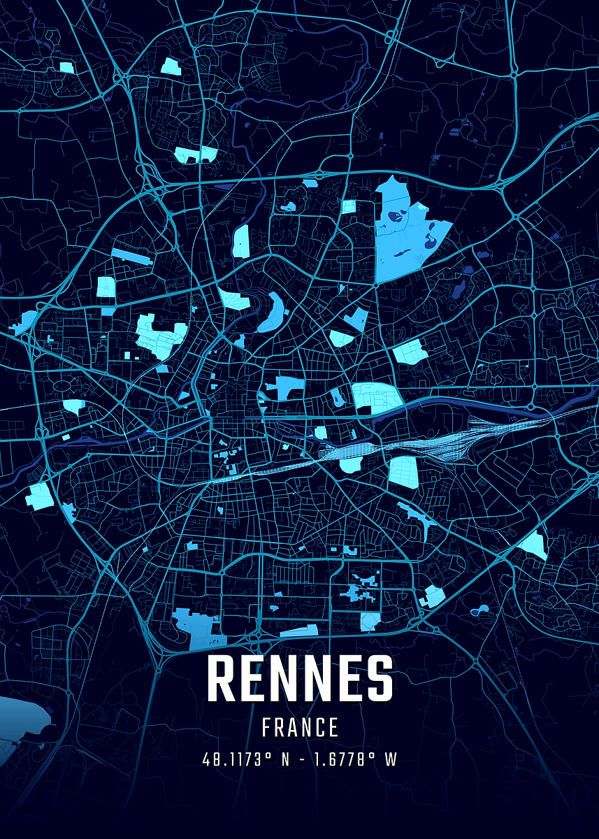 'Rennes Midnight City Map' Poster, picture, metal print, paint by ...