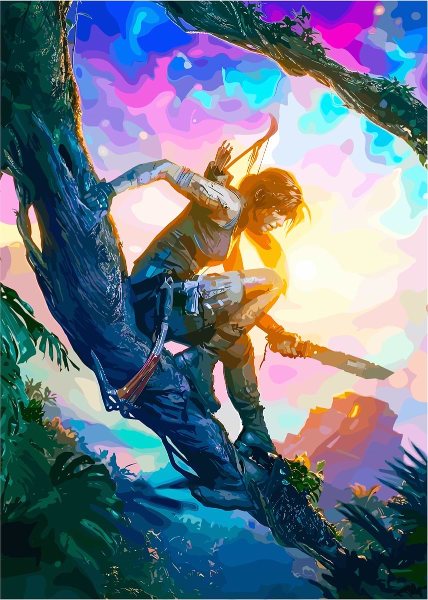 Lara Croft in Jungle Tree' Poster, picture, metal print, paint by