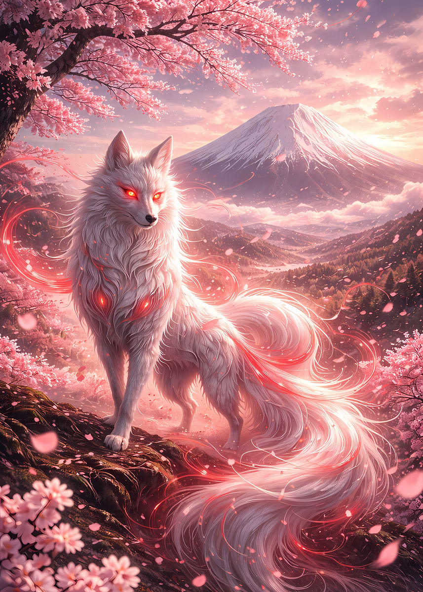 Mythical Fox Spirit with Mount Fuji' Poster, picture, metal print
