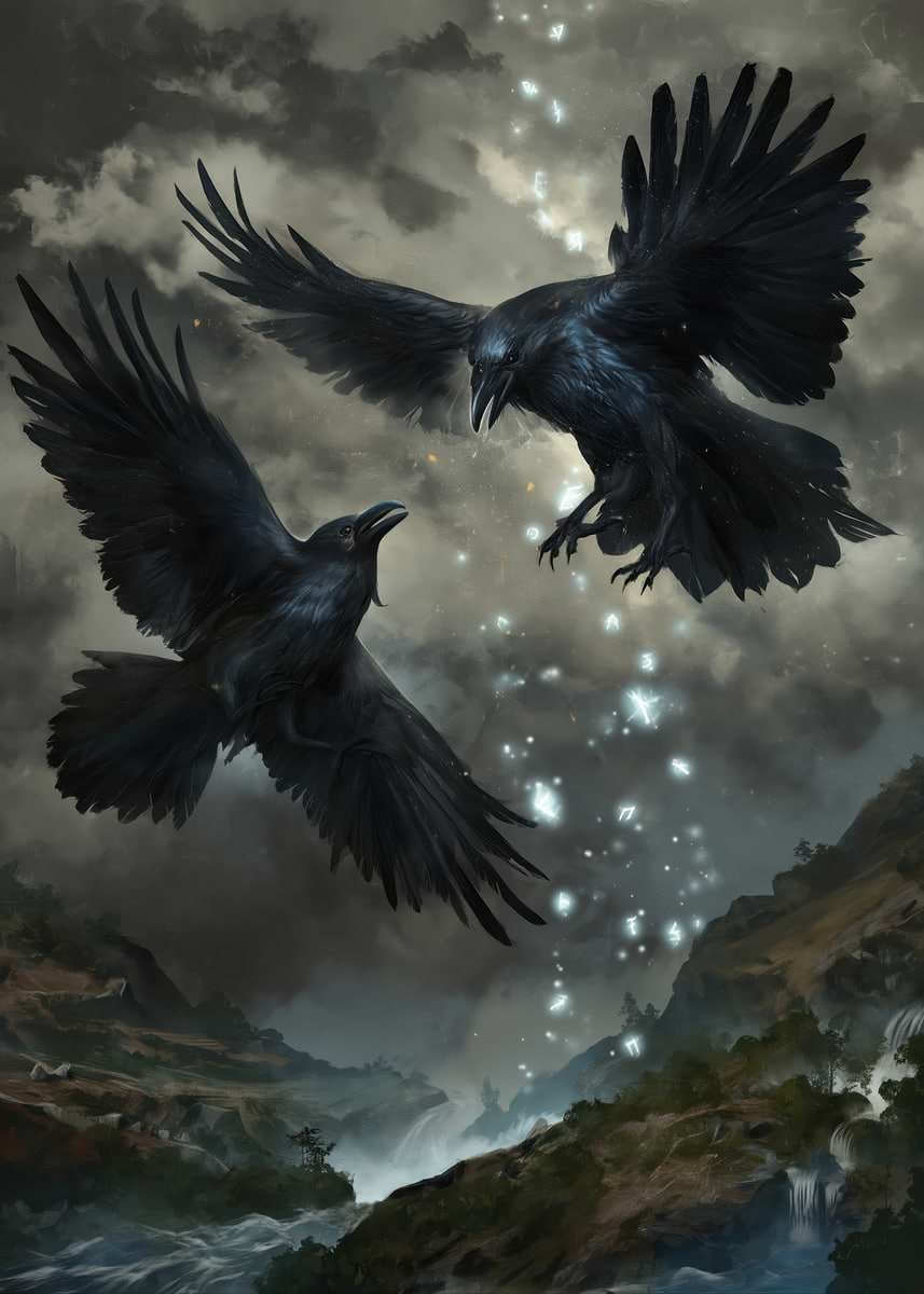 Two Ravens in a Mystical Landscape' Poster, picture, metal print
