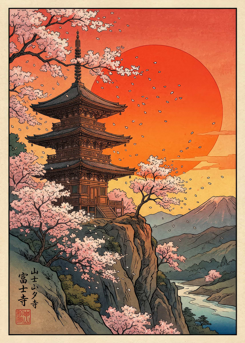 Pagoda with Cherry Blossoms and Mount Fuji' Poster, picture, metal