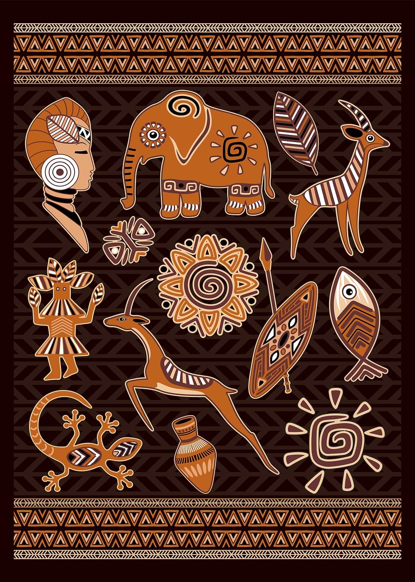 African Tribal Art with Animals and Figures' Poster, picture