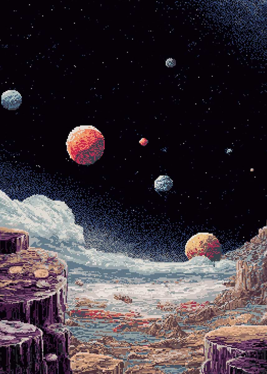 Pixel Art Alien Landscape with Planets' Poster, picture, metal